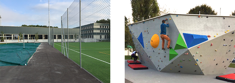 Beachvolleyfeld, Kunstrasenspielfeld und Boulderblock