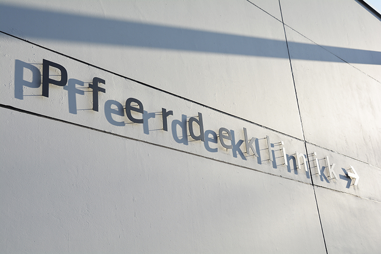 Tierspital/Gebäude/Aussenansicht/Pferdeklinik Schrifzug mit Schattenwurf