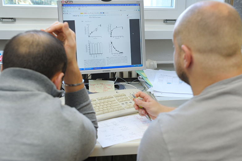 Forschung/Technik/Büro/Männer werten Daten an Bildschirm aus