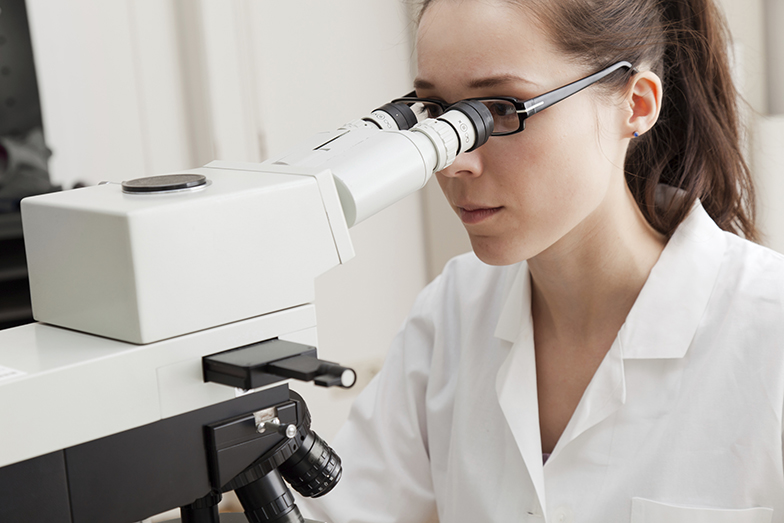 Forschung/Labor/Frau schaut durch ein MIkroskop