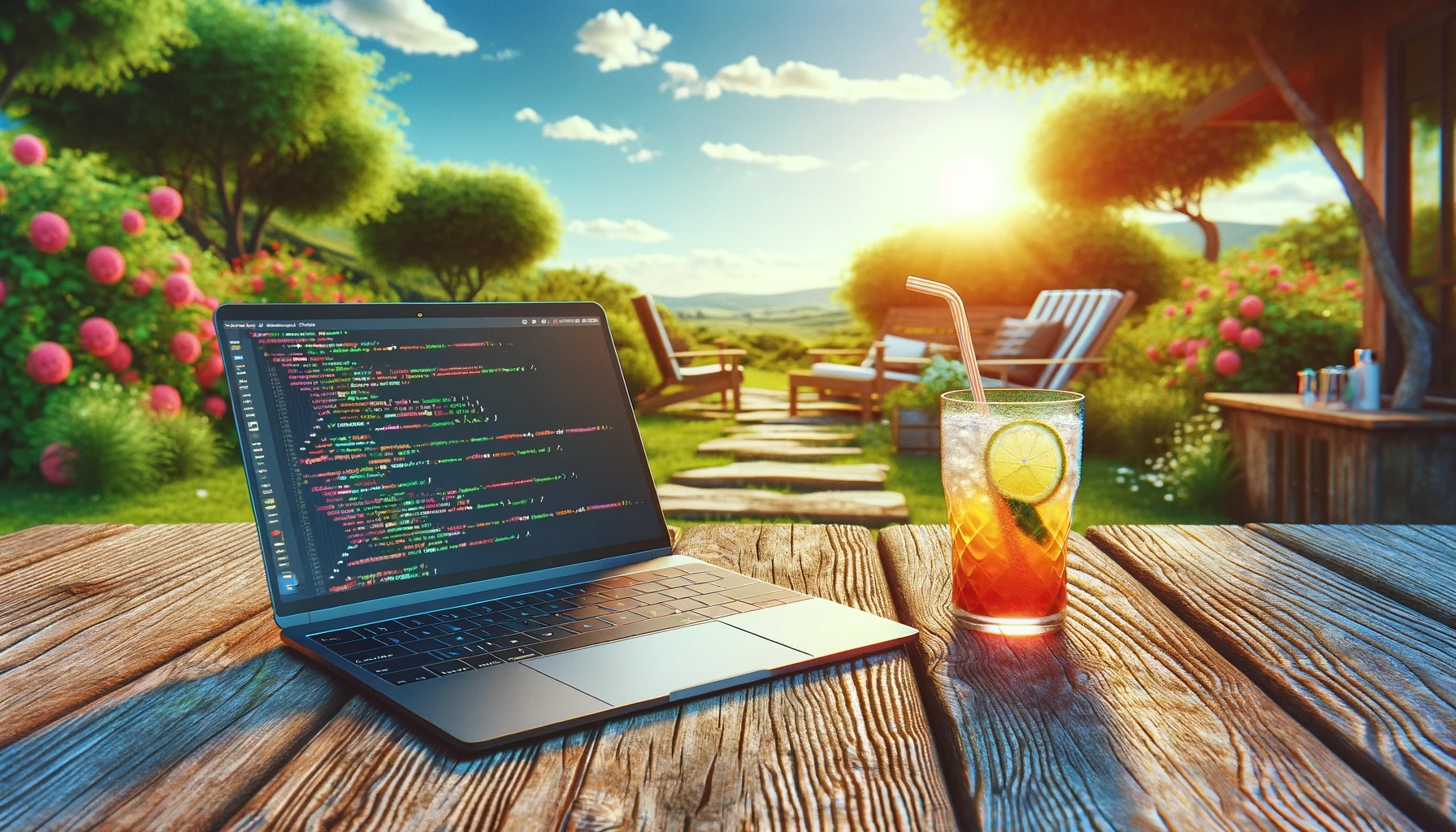 Sommerliches Bild mit Computer auf einem Gartentisch
