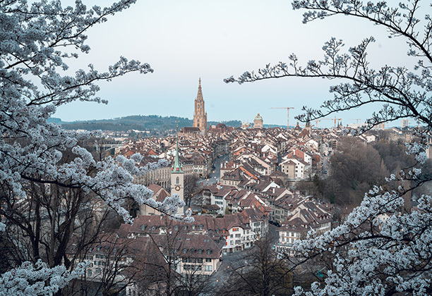 Stadt Bern im Frühling vom Rosengarten aus gesehen