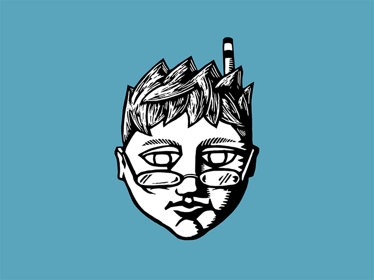 Drawn head with glasses and chimney on the head.