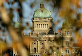 Bundeshaus mit Herbstblättern im Vordergrund