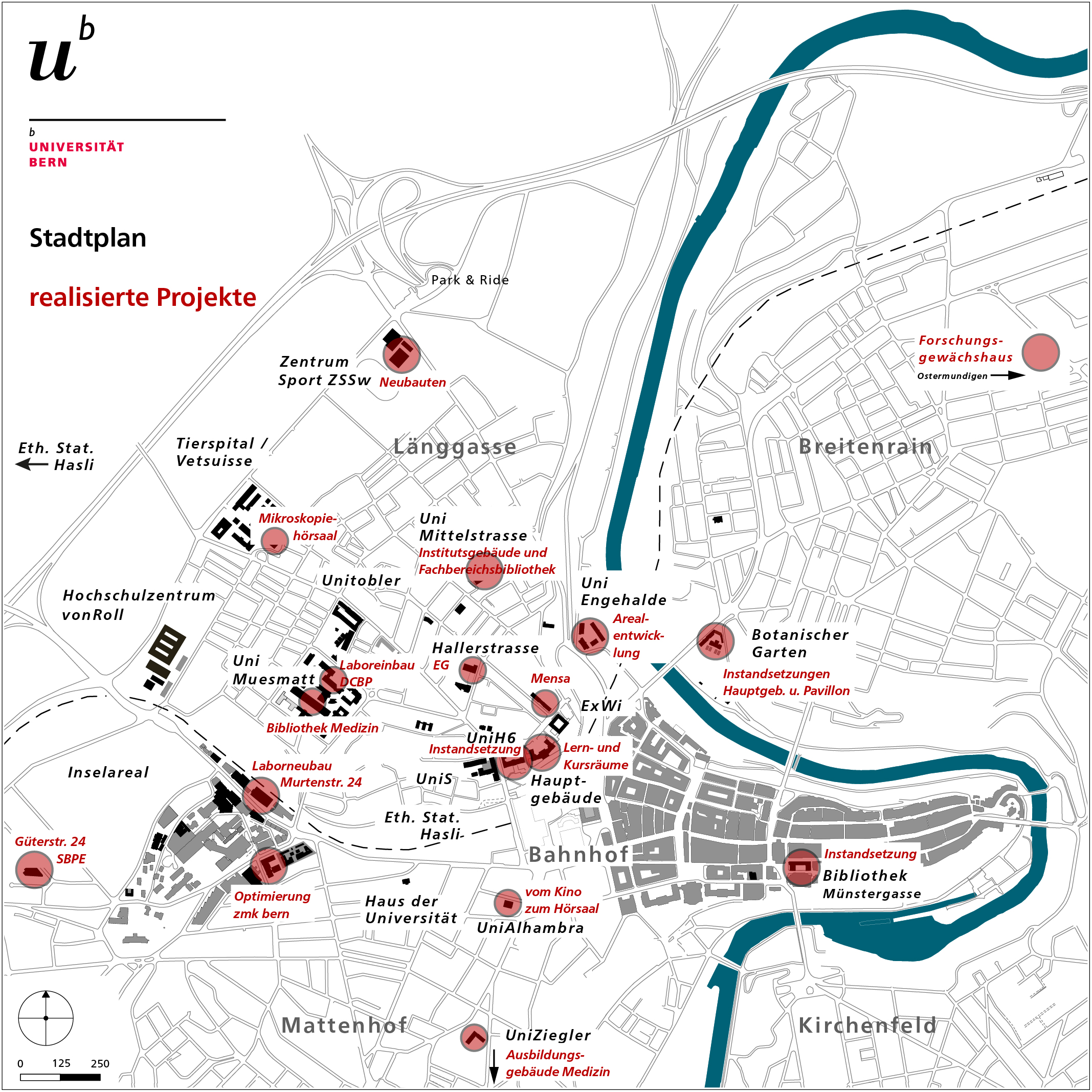 Bauerojekte der Universität Bern realisiert: Stadtplan