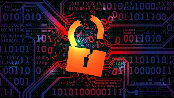 Zu sehen ist ein gezeichnetes Schlüsselschloss in Gelb vor einem digitalen (grüne Ziffern) Hintergrund. Das Schloss bricht