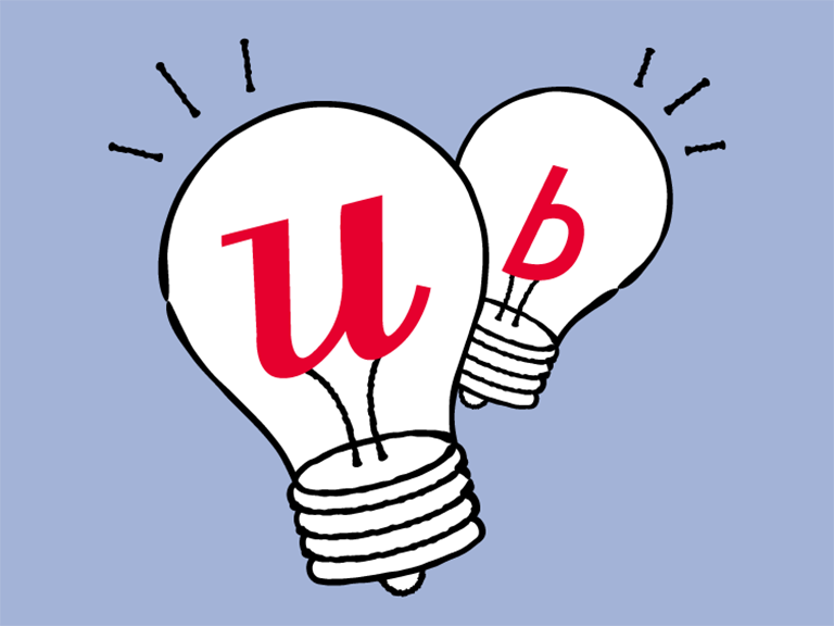 Zu sehen ist das Keyvisual vom Teaching Hub: 2 gezeichnete Glühbirnen mit dem Uni Bern Logo darin vor blauem Hintergrund