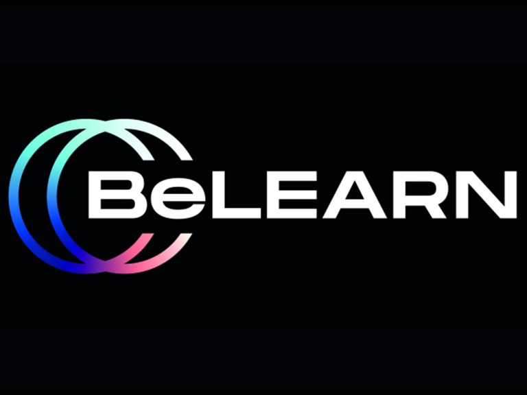 Zu sehen ist das BeLEARN Logo: Weisse Schrift und multicolor Kreisse um das "Be" vor schwarzem Hintergrund