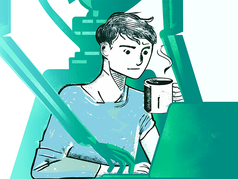 Zu sehen ist eine Zeichnung eines Studenten vor einem Laptop und über seiner Schulter eine türkise Darstellung von KI in Form eines Roboters, die mit ihm am Laptop arbeitet und ihn unterstützt.