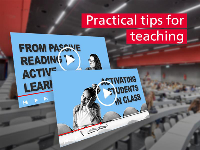 Zu sehen ist im Hintergrund ein eher düsterer Hörsaal der unscharf ist und nur als Hintergrund dient. Im Vordergrund sind 2 Thumbnails zu sehen von 2 Videos und oben der Titel "Practical tips for teaching"