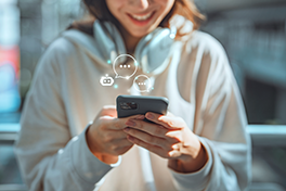 Zu sehen vor hellblauem Hintergrund ist der Körper einer Frau wie sie ein Handy in der Hand hält und dabei am Handy zu sehen sind Chat-Icons in digitalem Style