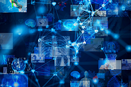 Blauer digitaler Hintergrund mit Bildern, Netzwerken und medizinischen Darstellungen