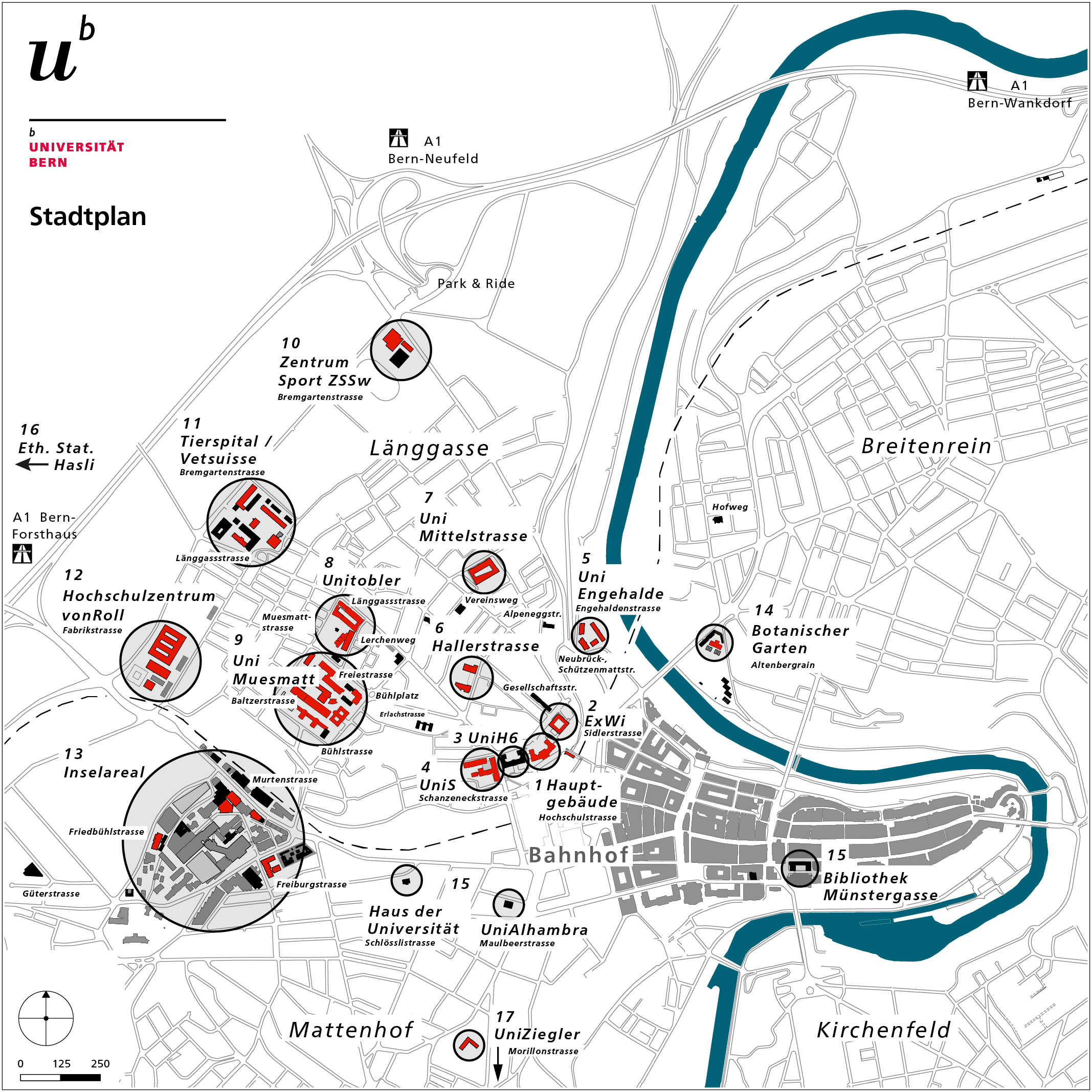 Stadtplan mit Kennzeichnung der Uni-Gebäudepläne