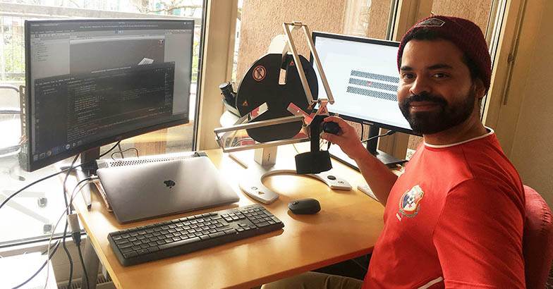 Eduardo Villar Ortega, Motor Learning and Neurorehabilitation at ARTORG, brought a training robot for fine haptic arm and hand therapy into the home office.