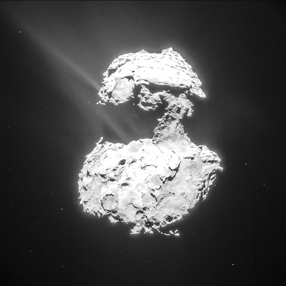 Das Bild zeigt den Kometen. Staub und Gas steigen von Churys Oberfläche auf, während sich der Komet dem sonnennächsten Punkt auf seiner Umlaufbahn nähert.