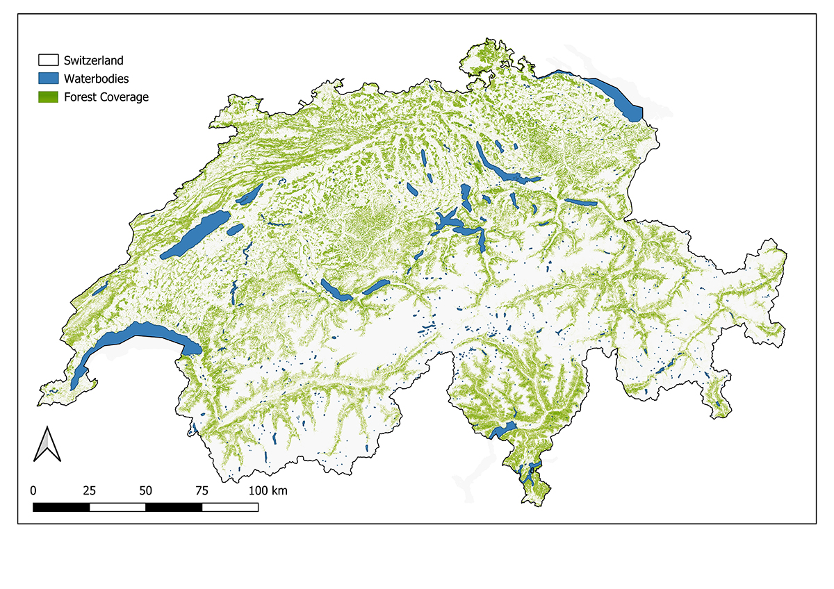 Bewaldete Flächen in der Schweiz, basierend auf einem Vegetationshöhenmodell aus dem Jahr 2019 von Ginzler & Hobi (2019), angepasst und verwendet mit Erlaubnis der Autoren. © zvg