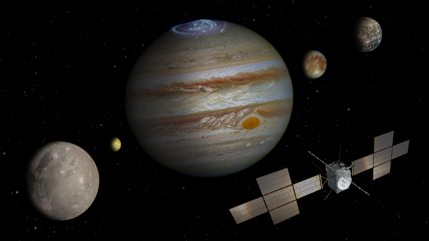 Künstlerische Darstellung der Juice-Mission zur Erforschung des Jupitersystems. © Spacecraft: ESA/ATG medialab; Jupiter: NASA/ESA/J. Nichols (University of Leicester); Ganymede: NASA/JPL; Io: NASA/JPL/University of Arizona; Callisto and Europa: NASA/JPL/DLR