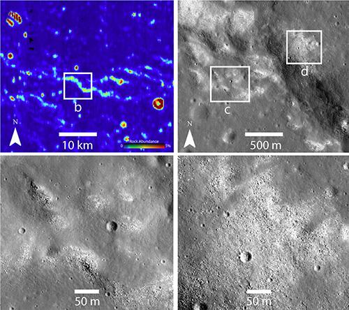 Bilder vom Mond: Infrarot- (oben links) und andere Bilder vom Lunar Reconnaissance Orbiter der NASA zeigten seltsame kahle Stellen, an denen der allgegenwärtige Mondstaub fehlt. Die Flecken deuten auf einen aktiven tektonischen Prozess hin. © NASA