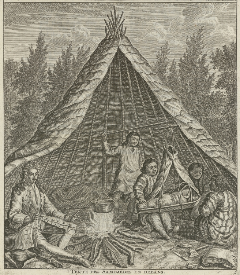 Zelt der "Samojeden" aus dem Buch von de Bruyn, Travels into Muscovy, London 1737, Bd. 1, S. 37. Eine samojedische Familie sitzt nahe der Feuerstelle, ein Wickelkind schläft in einer aufgehängten Krippe. Ein westlicher Betrachter sitzt am linken Bildrand.